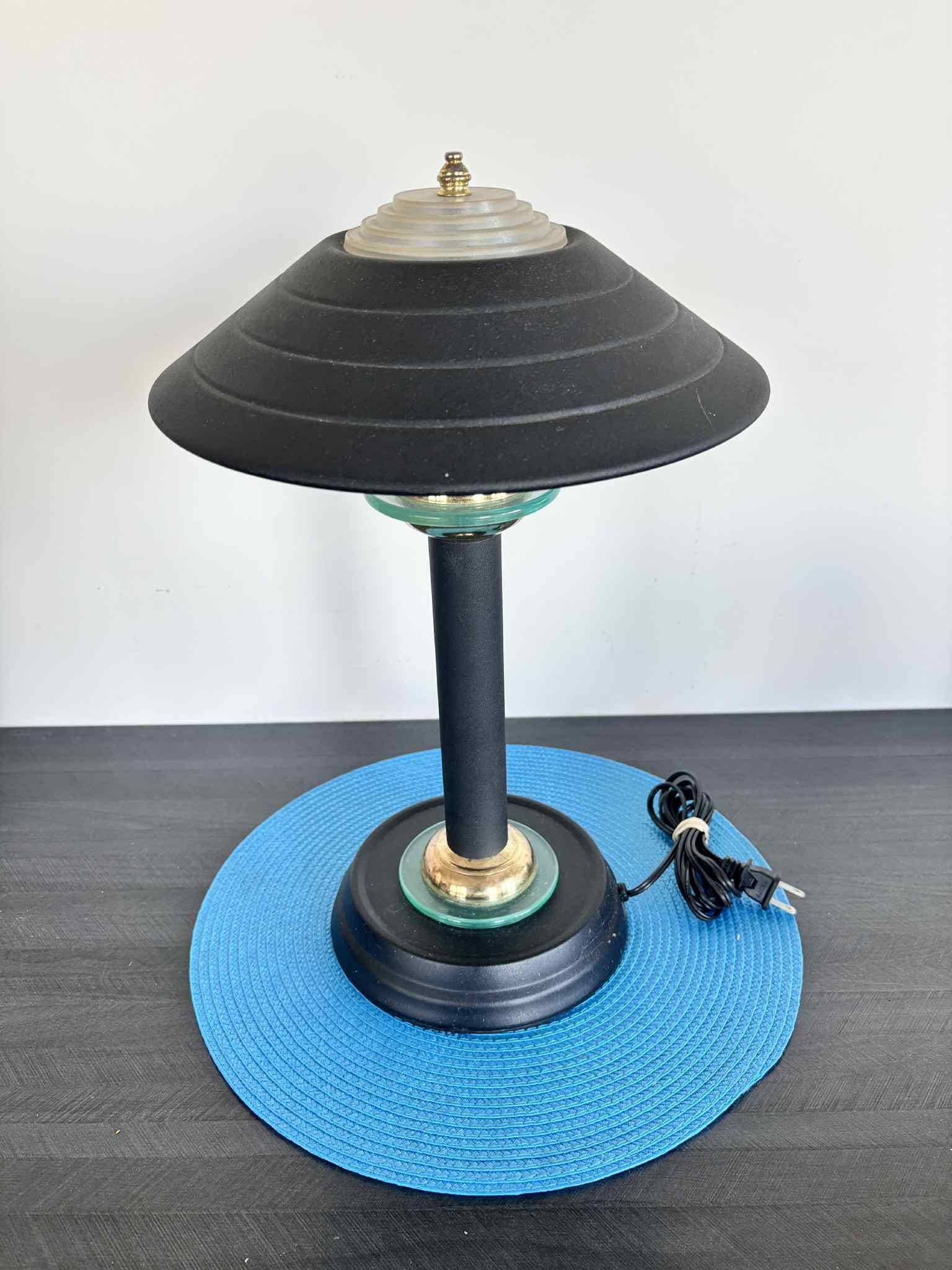 Vintage Postmodern Black Table Lamp With Glass and Brass Accents