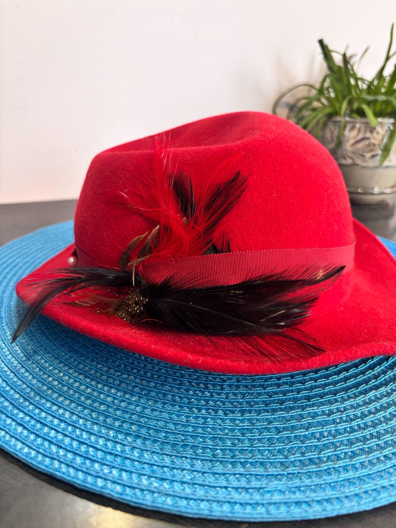 Vtg Doeskin Bollman Co Wool Felt Hat Feather Rhinestone Brim Red Black Feathers Vintage Bollman Doeskin Felt Cowgirl Hat With Feathers - Etsy main image 2