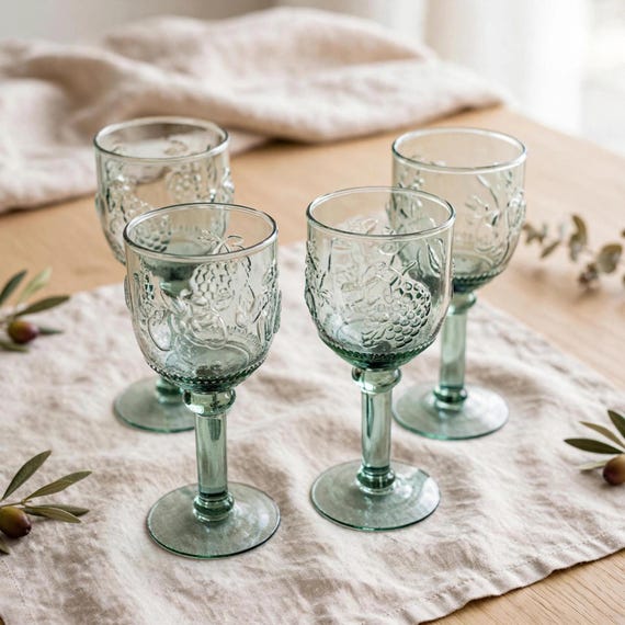 Vintage-Weingläser aus grünem Glas, 4er-Set, geprägtes Traubenmuster, strukturierte Stielgläser, Retro-Trinkgläser im Mid-Century-Stil