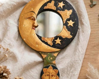 Sun and Moon Wall Mirror, Painted Wood, Indonesian Celestial Vintage Boho Witchy Decor, Unique Handmade Wall Decoration for Home