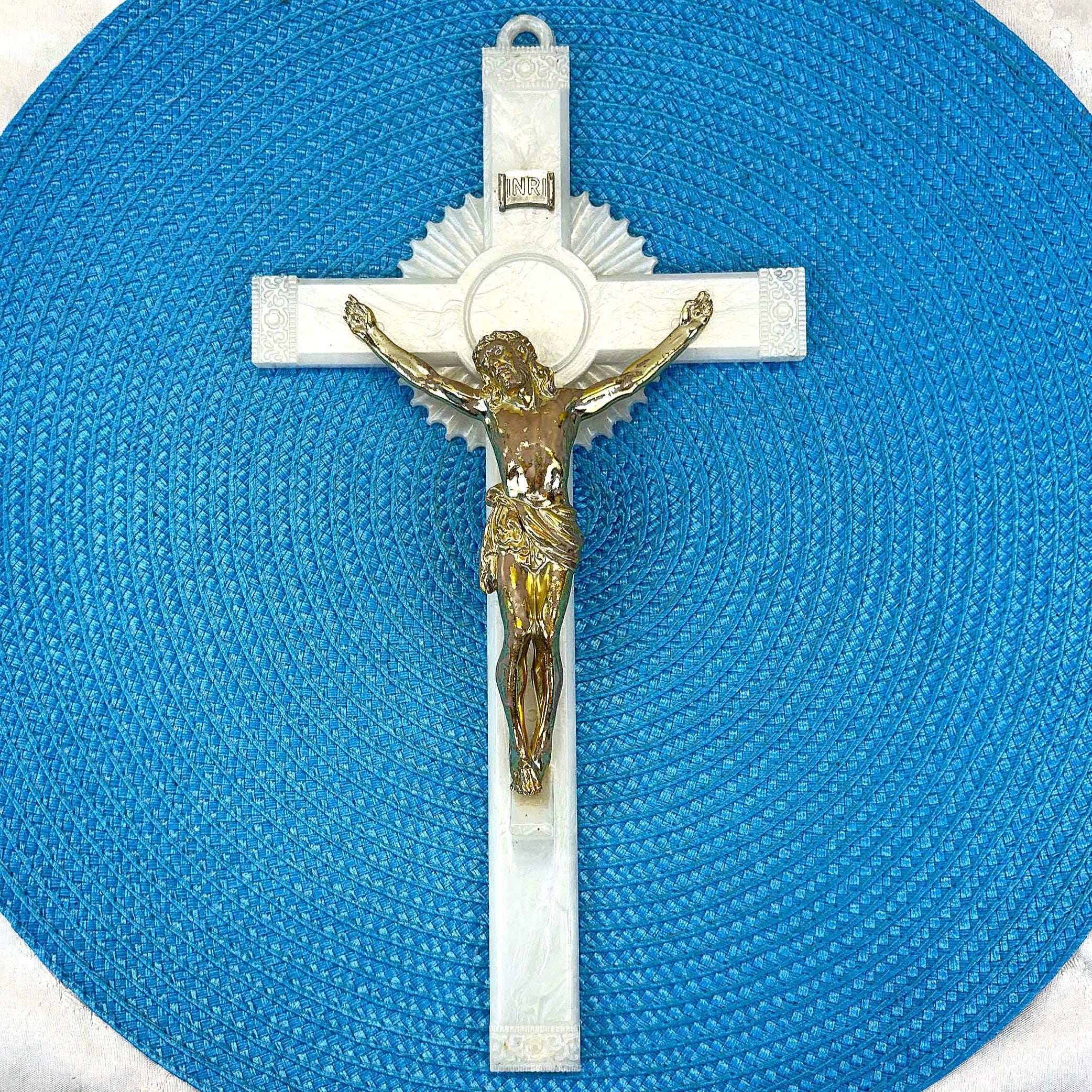 Vintage Religious Wall Crucifix in Imitation Mother-of-pearl With 