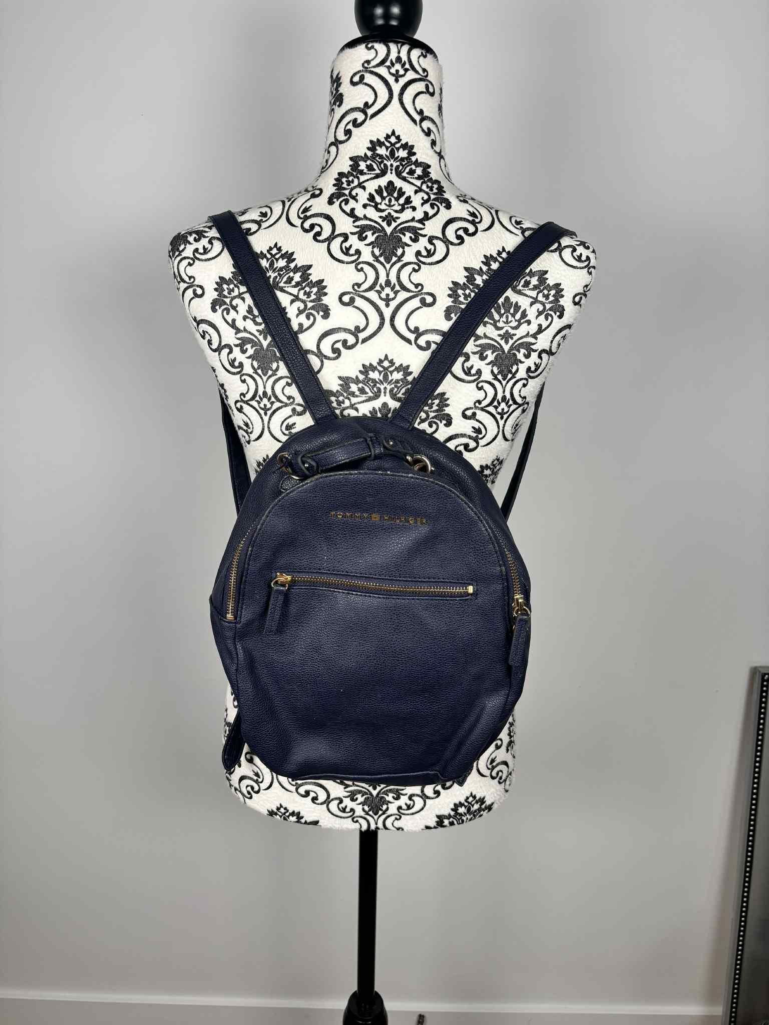 Vintage Tommy Hilfiger Navy Faux Leather Backpack With Gold