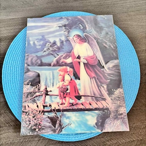 Vintage 3D Guardian Angel Print with Children on Bridge, Religious Christian Wall Art by Salah, Lenticular Effect, 13x10 Inches