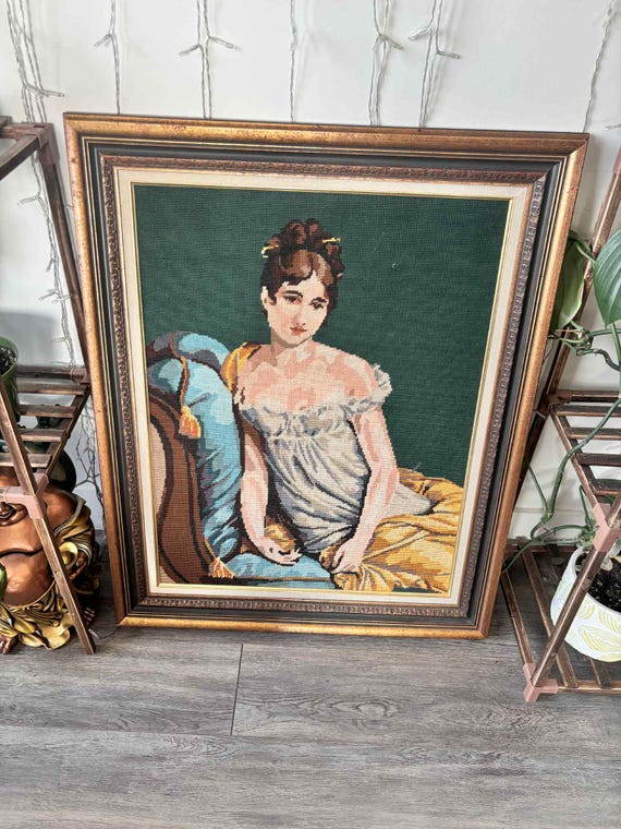 ヨーロッパアート　額縁セット　NEEDLEPOINT Vintage Vintage, Framed Wool Needlepoint, Edwardian Couple, Antique Frame