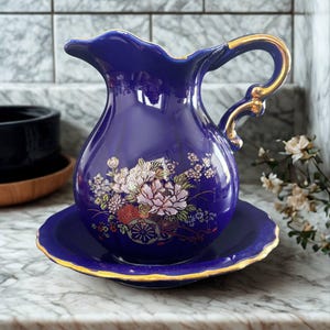 Mini pitcher and plate cobalt blue porcelain golden flowers hand painted Japanese style vintage oriental decoration showcase collection