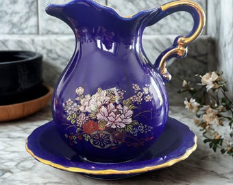 Mini Pitcher and Plate Cobalt Blue Porcelain Golden Flowers Hand