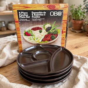 Set di 4 piatti da fonduta OBO in ceramica marrone, fabbricati in Giappone, con 5 scomparti, ideali per servire la cena, con scatola originale, stoviglie per feste.