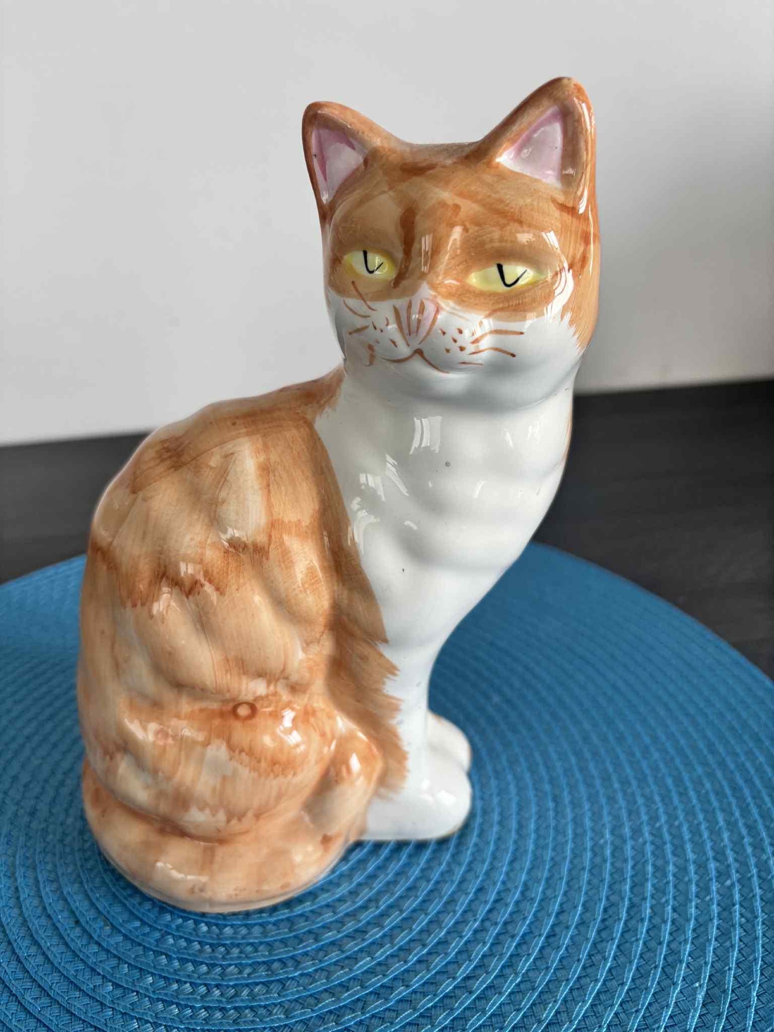Figurine Chat Assis Céramique Orange Aux Yeux Verts - Vintage Fait Main