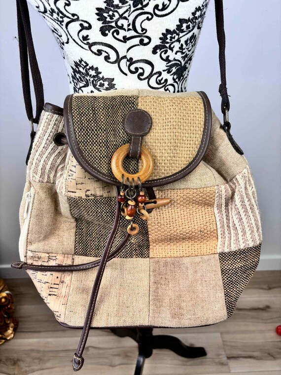 Boho patchwork backpack bag woven canvas cork woo… - image 1