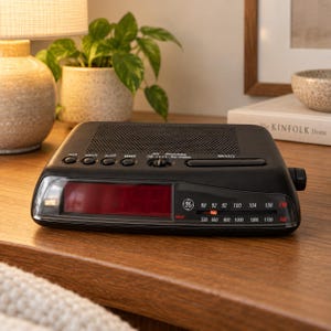 May include: A black GE brand digital alarm clock radio with a red LED display, a top-mounted speaker grille, and a sliding tuner for AM and FM radio frequencies. The device features buttons for hour, minute, sleep, and wake settings, plus a snooze bar.