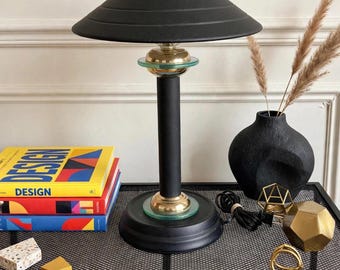Vintage Postmodern Black Table Lamp With Glass and Brass Accents