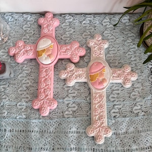 Vintage Ceramic Wall Cross Set Girl Praying Pink and White Floral Embossed Religious Decor Nursery Baptism Christian Baby Room
