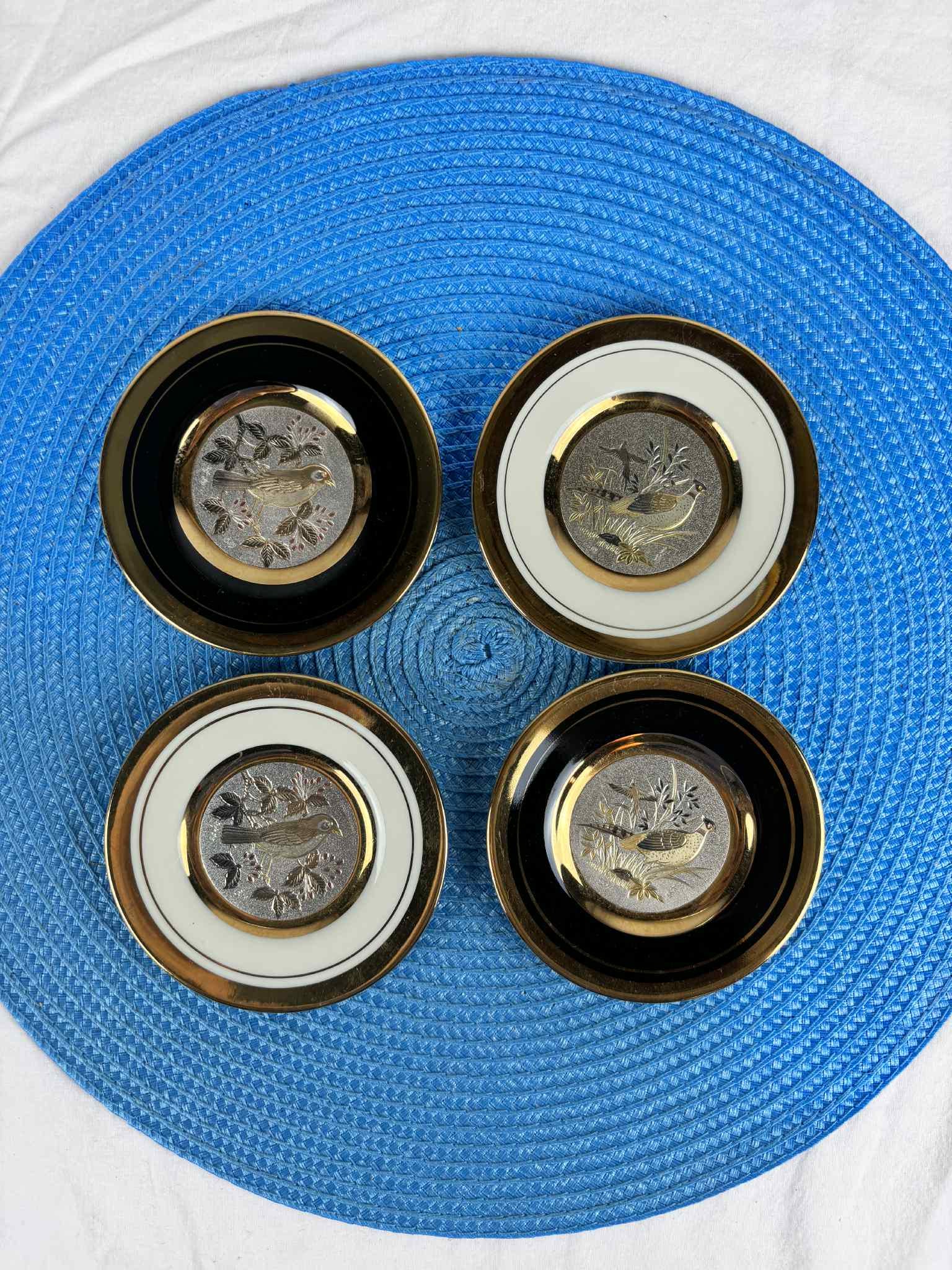 Luxury Set of 4 Japanese Chokin Art Plates – 24K Gold & Silver