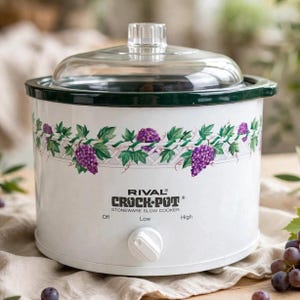Vintage Rival Crock Pot långkokare, modell 3120, druvmönster, retro 1970-talsstil, långkokningsapparat
