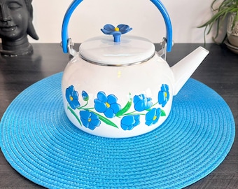 Vintage White Enamel Teapot with Blue Floral Design and Flower Knob Blue Handle Whistling Kettle Cottagecore Style