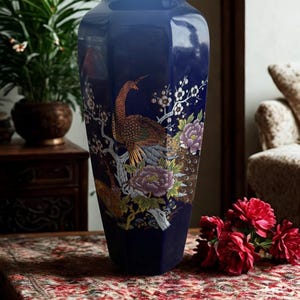 Vintage Japanese cobalt blue porcelain vase, Bread and flowers, refined Asian decor