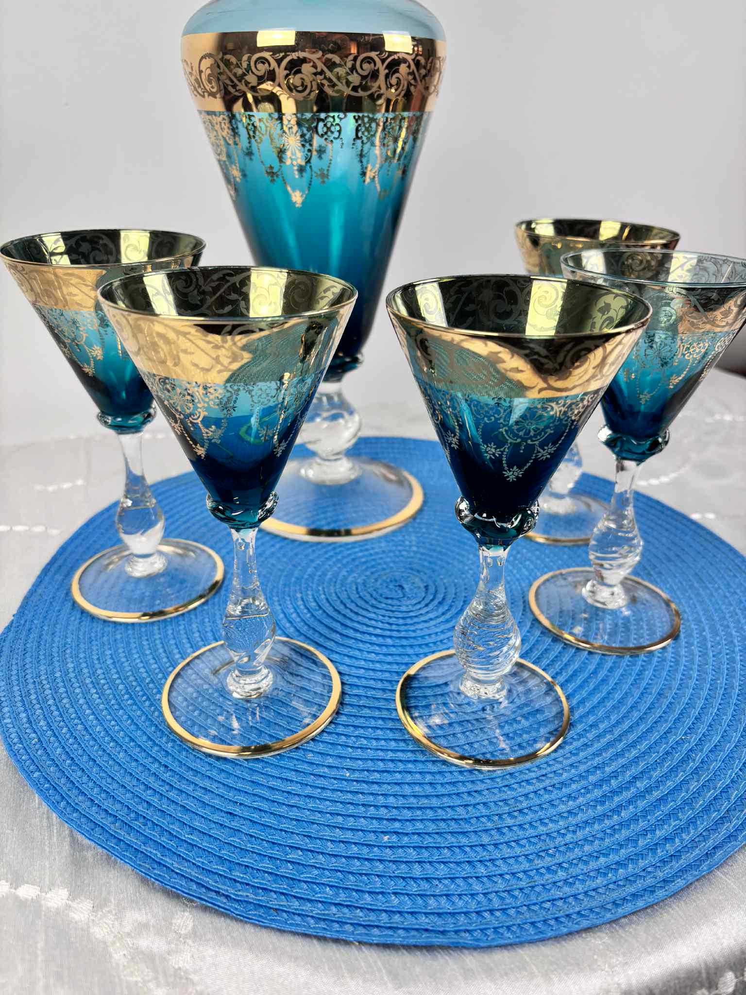 ヴィンテージ ボヘミアン ブルー ガラス デキャンタ セット（ゴールド