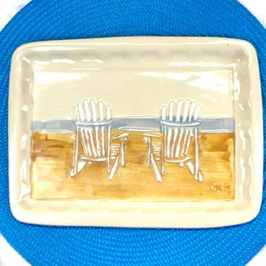 Handmade Pottery Tray by Sue Robertson - Made in Canada Ceramic Beach Scene Platter with Adirondack Chairs, Signed Art Serving Dish