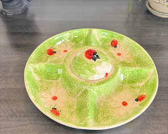 Ladybug Ceramic Veggie Tray With Matching Dip Bowl and Lid Green