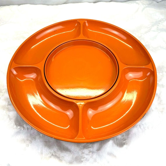 Vintage Orange Rotating Tray With Compartments, 1970s Style, Lazy