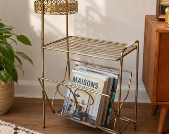 Vintage goudkleurige metalen vrijstaande asbak met tijdschriftenrek