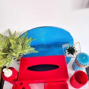 Vintage Red Bathroom Accessory Set – 5-Piece Plastic Set with Soap Dish, Cup, Dispenser, Toothbrush Holder, Tissue Box Cover
