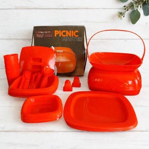 Vintage 1970s Picnic Master Red Picnic Set Complete and Unused Stackable Plastic Dishware with Original Box Made in Hong Kong