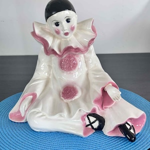 Vintage Ceramic Pierrot Clown Figurine Large 10x12 Hand Painted Pastel Pink White Black Harlequin Jester Statue Home Decor Collectible