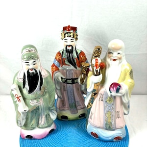 Trio de statues chinoises vintage en porcelaine émaillée – Fu Lu Shou – figurines décoratives asiatiques porte-bonheur anciennes