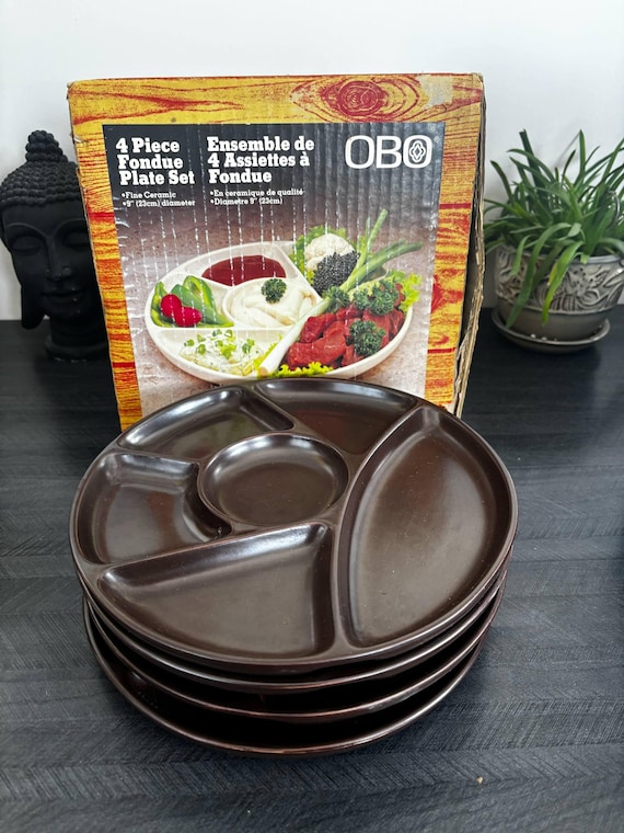 Set of 4 OBO Fondue Sectioned Plates Brown Ceramic Japan Made 5 
