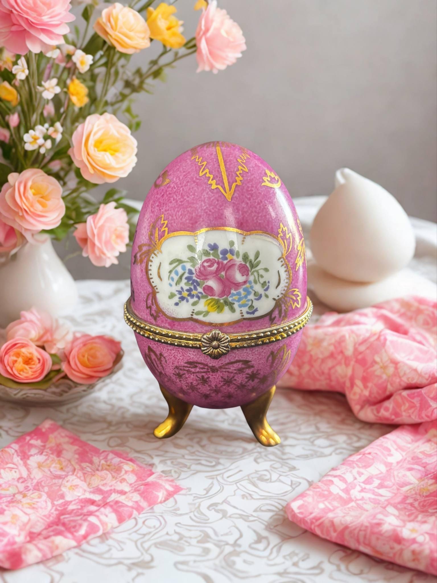 Vintage Pink Porcelain Egg With Hand-painted Floral Decoration and