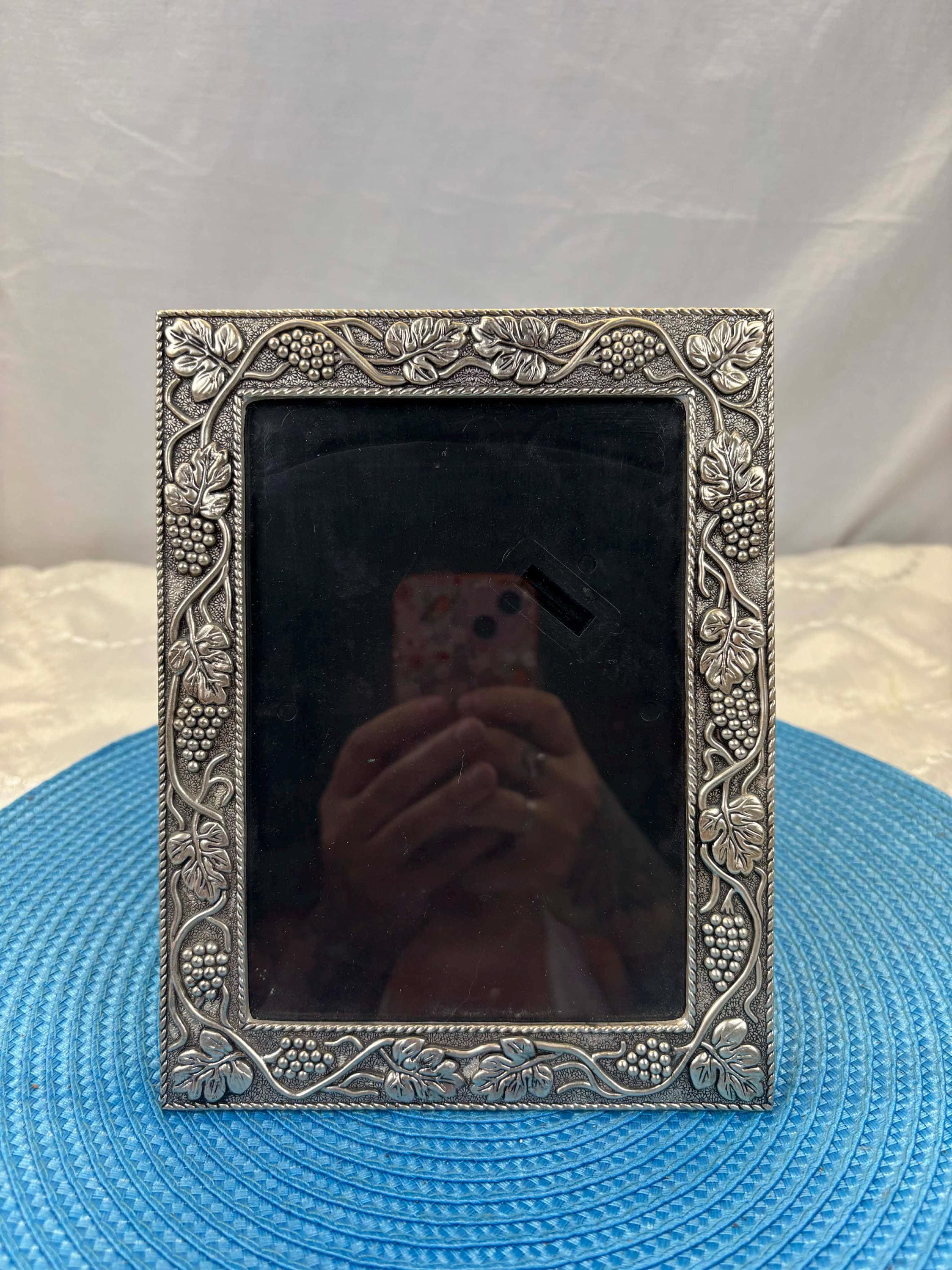 Vintage Silver-plated Metal Photo Frame With Vine and Grape Motif