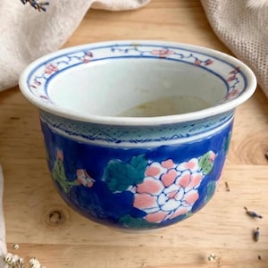 Vintage blue and pink Asian ceramic pot, hand-painted flowers, flared rim, antique oriental decoration, signed