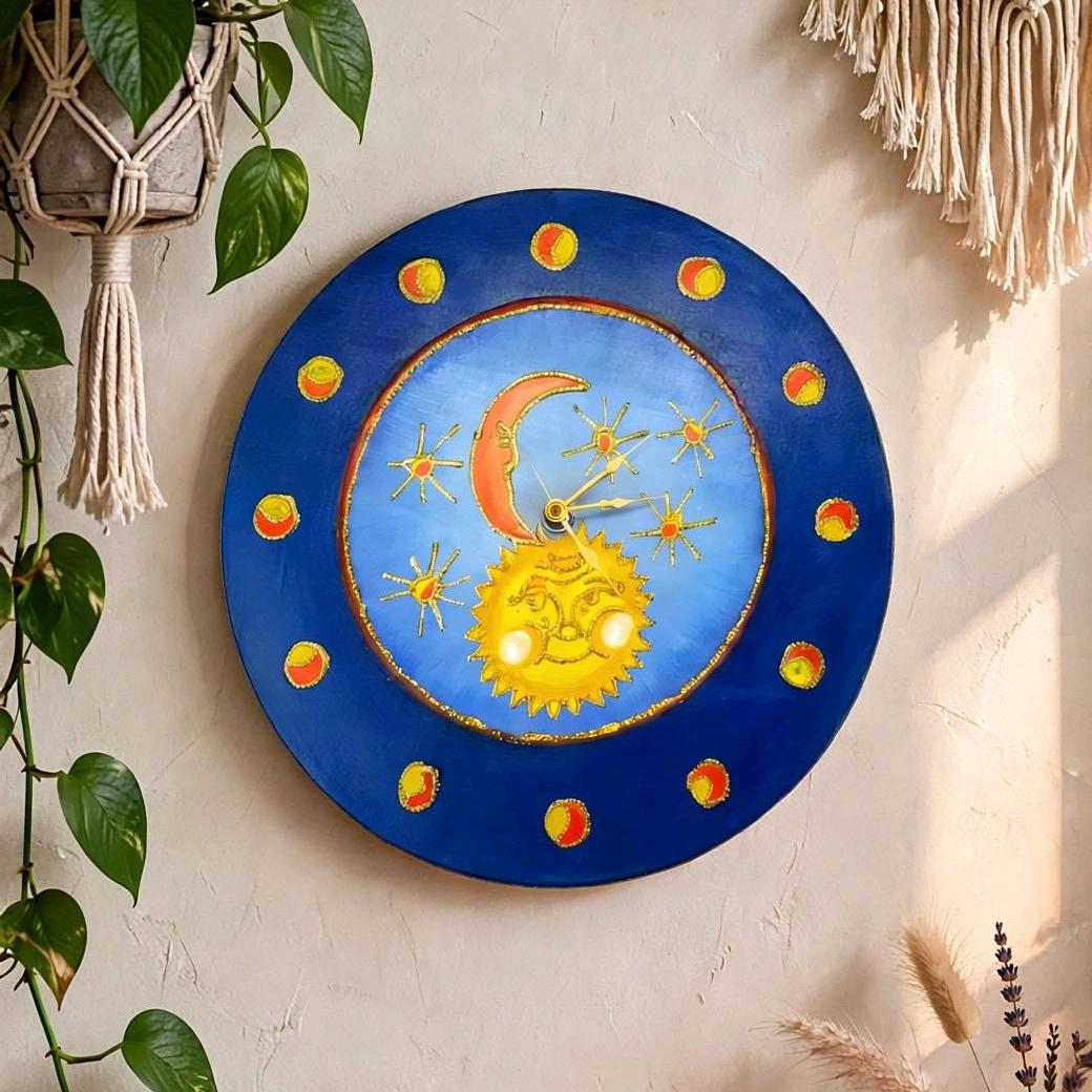 サノバロックheat MOON heart & gut vibes EARTH Vintage Wall Clock With Sun and Moon Celestial Decor, Hand-painted