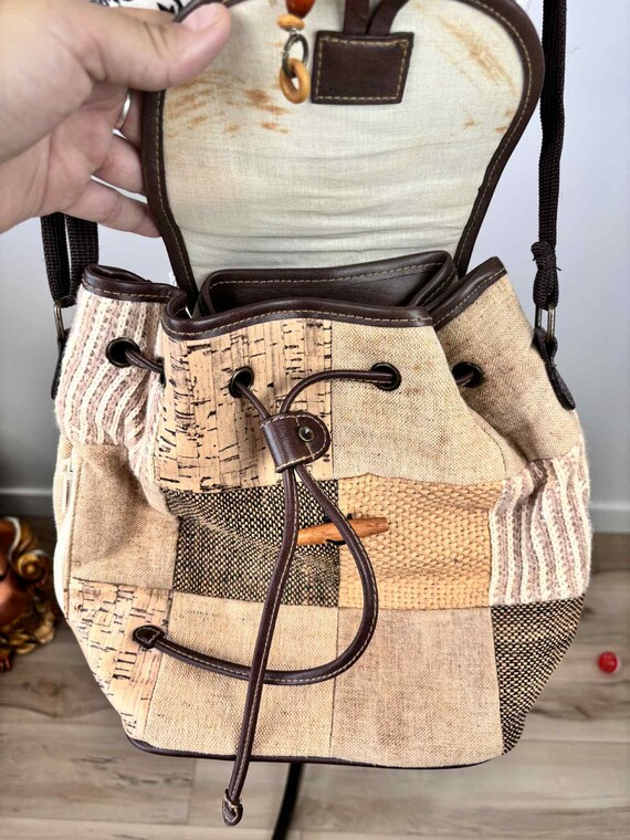 Boho patchwork backpack bag woven canvas cork woo… - image 3