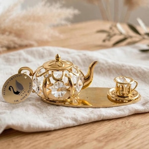 Set da tè decorativo vintage in miniatura, prodotto negli Stati Uniti, placcato oro 24k, cristallo austriaco, oggetto da collezione retrò con difetto.