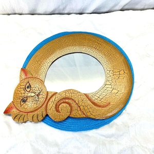 Espelho de parede decorativo com design vintage de gato e efeito craquelado, moldura pintada à mão, estilo retrô ingênuo, espelho assimétrico 17 x 13
