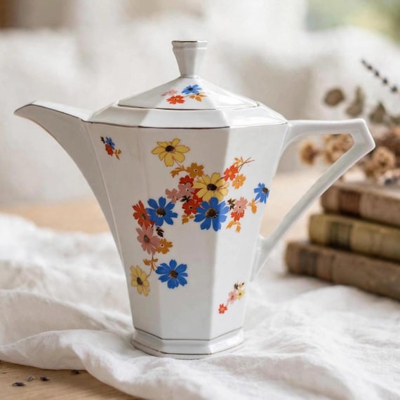 Vintage-Teekanne aus tschechoslowakischem Victoria-Porzellan mit bunten Blumen im Art-déco-Stil, Teil einer Teeservice-Kollektion, Retro-Küchendekoration
