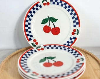 Set de 4 assiettes vintage porcelaine cerises motif rétro cuisine décoration