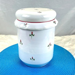 Maceta de cerámica italiana vintage firmada Dec. TA MANC Italia, decoración floral pintada a mano, tapa festoneada, estilo rústico