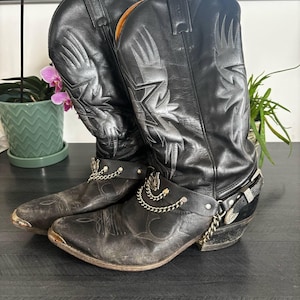 Vintage Boulet Cowboy Boots Size 8.5 Men Black Leather Western Boots with Chains and Eagle Buckle Made in Canada Model B403516