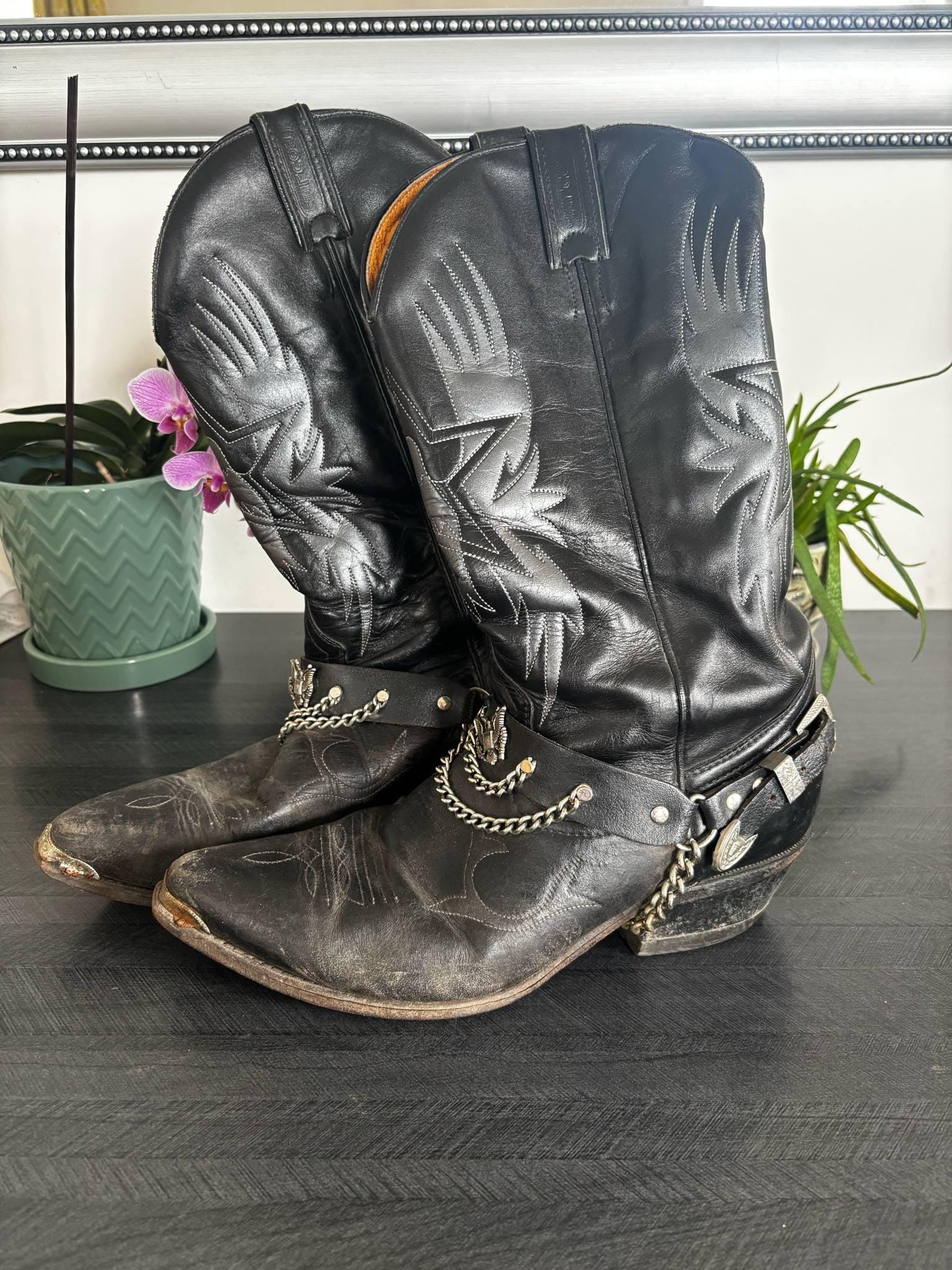 Vintage Boulet Cowboy Boots Size 8.5 Men Black Leather Western 