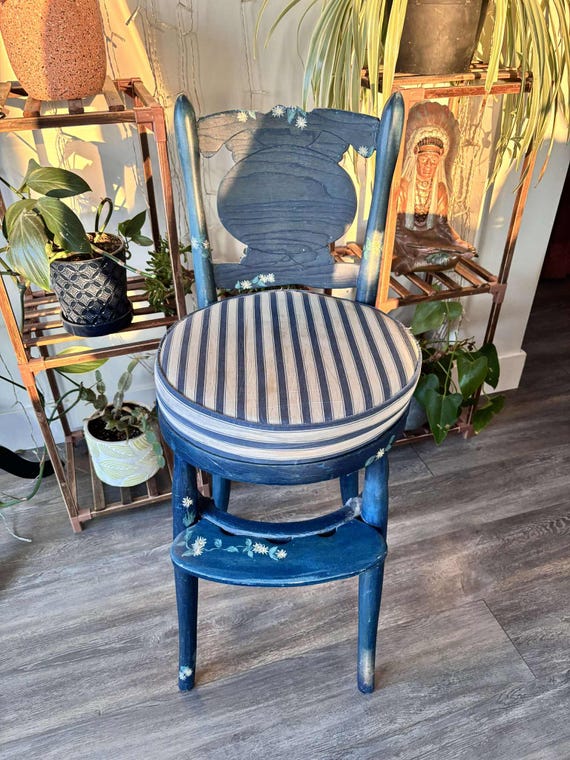 Hand-painted Blue Wooden Chair With Floral Detail and Striped