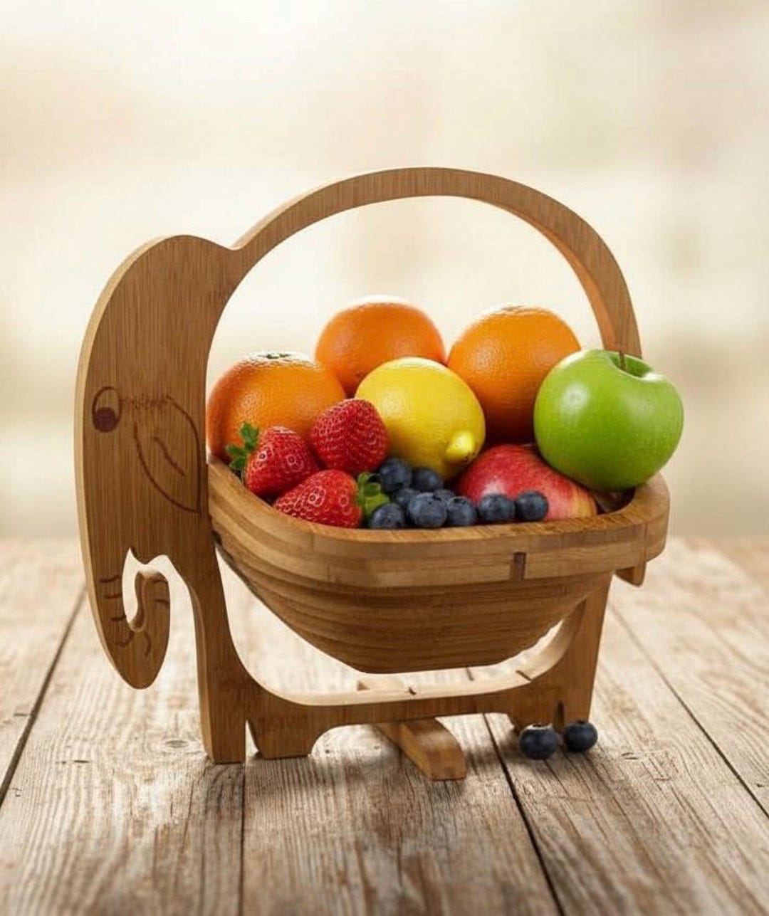 Vintage faltbarer Holzkorb in Elefantenform, dekorativer Korb für Obst und Brot, Tischdekoration, naturbelassenes, geschnitztes Holz, Retro-Stil