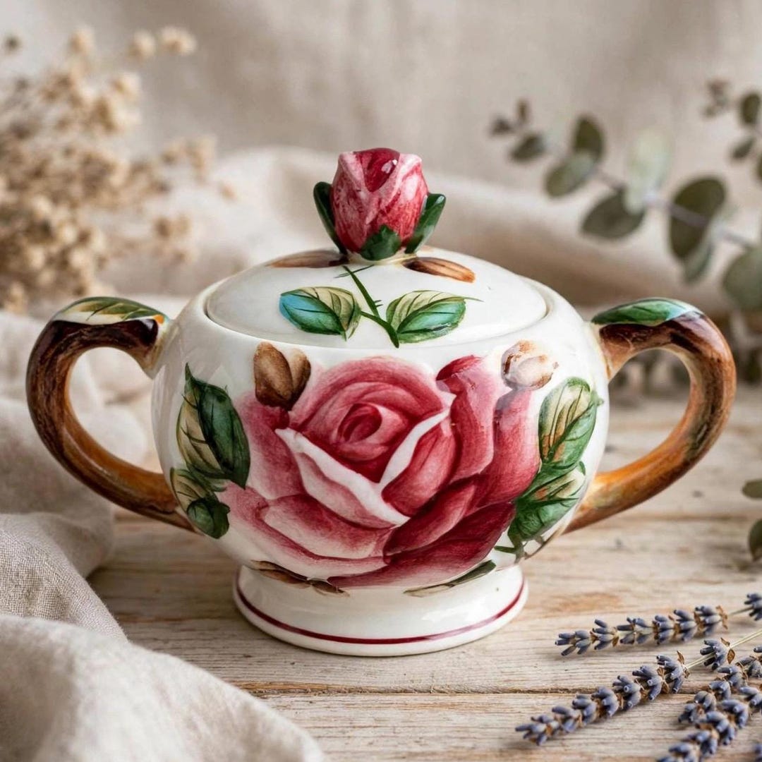 Vintage ESD Japan Hand-painted Ceramic Rose Flower Decor Sugar