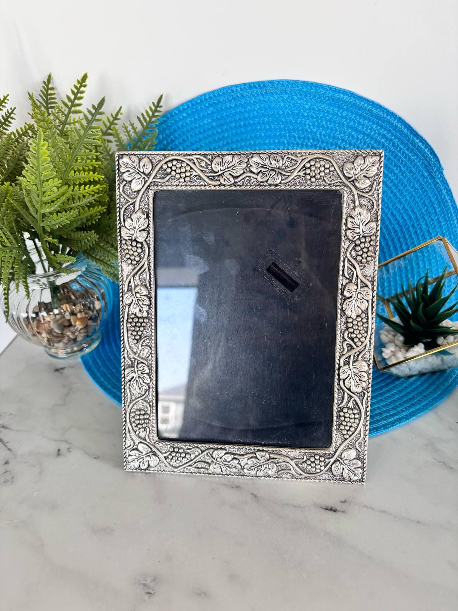 Vintage Silver-plated Metal Photo Frame With Vine and Grape Motif