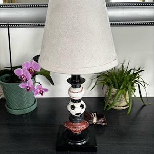 Sports table lamp kids football soccer baseball theme with cream lampshade black base fun vintage decor for boys room or playroom