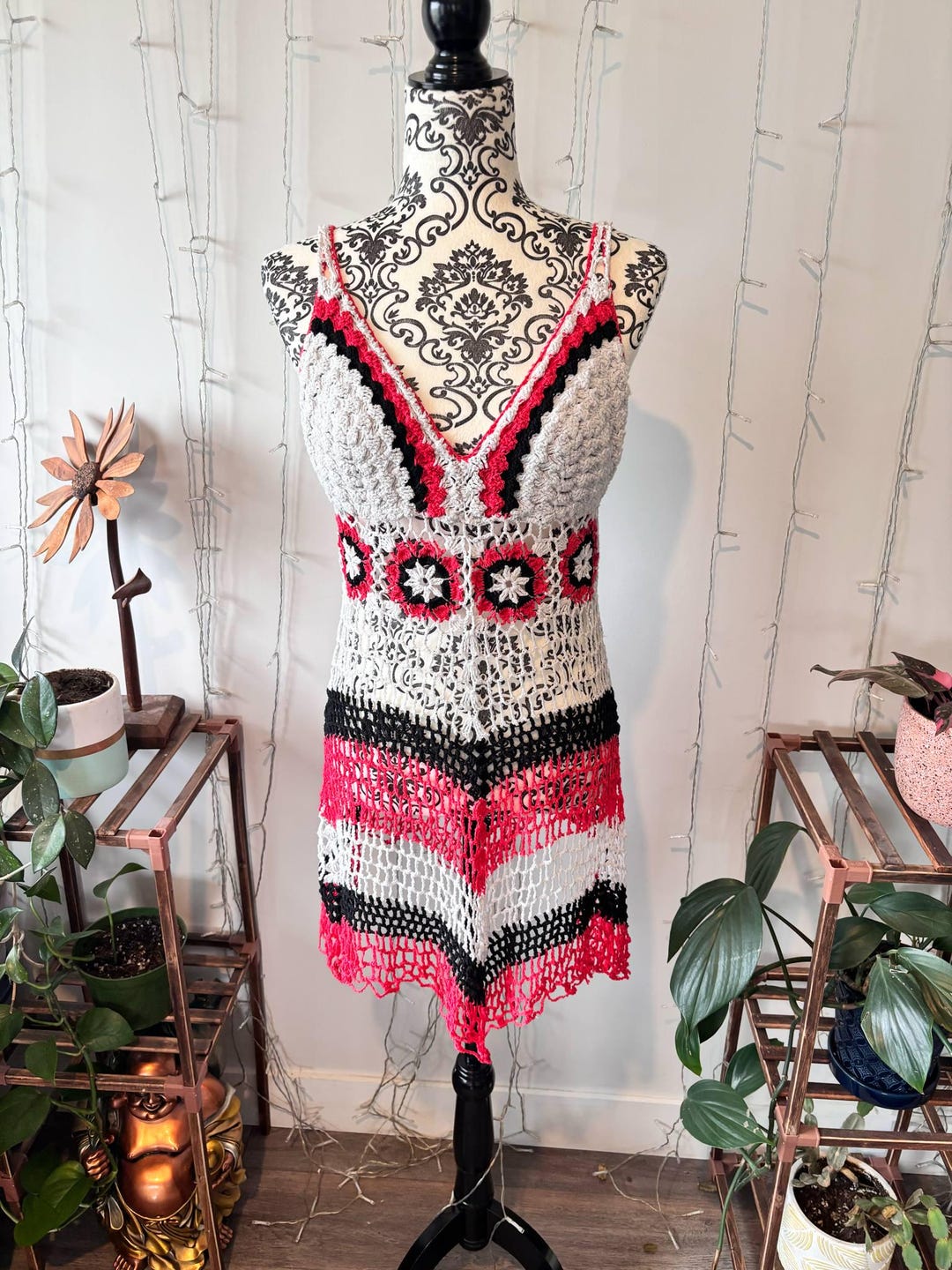 red and white crochet dress ANDREEVA Moderate Stretch55% Cotton 45% Acrylic Crochet dress with floral design
