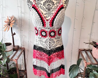 red and white crochet dress Jenna Striped Crochet Mini Dress - Red/White