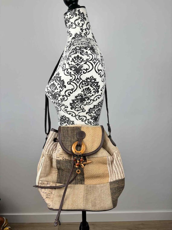 Boho patchwork backpack bag woven canvas cork woo… - image 2